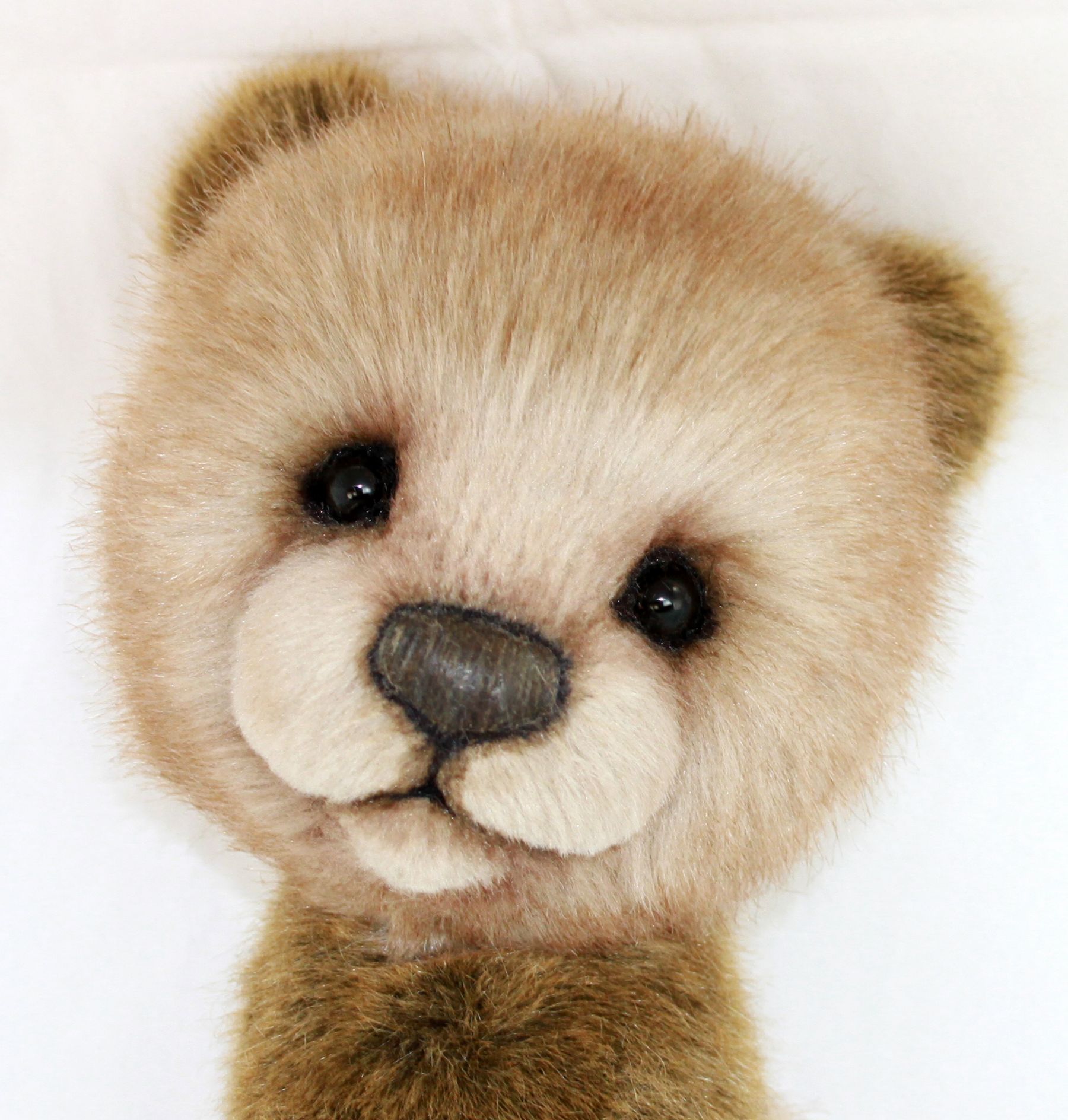 Close-up of a fluffy handmade teddy bear face